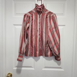 VTG Womens Striped Blouse High Ruffled Collar Rust Brown Stripe